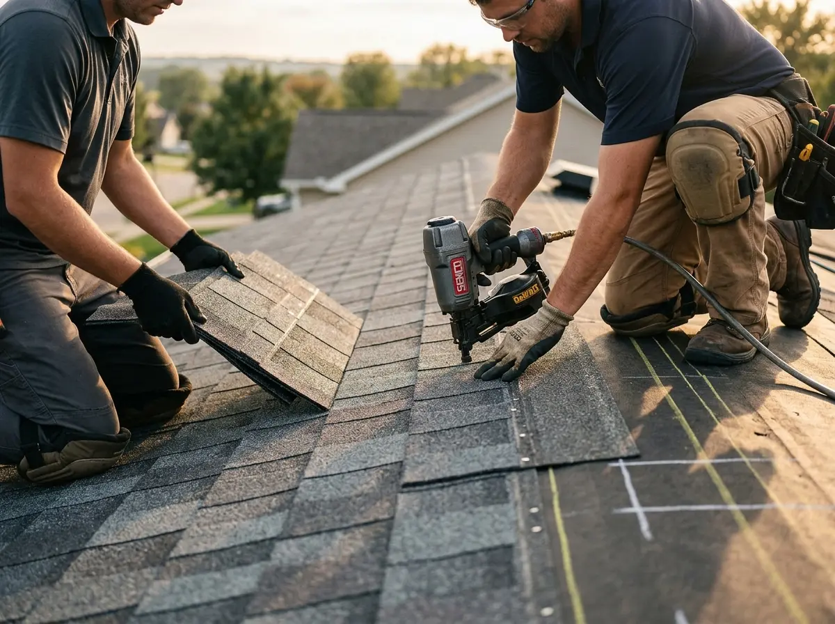 Professional roofer working on a residential roof in Blooming Grove